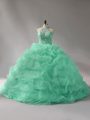 Apple Green Ball Gowns Beading and Pick Ups 15th Birthday Dress Lace Up Organza Sleeveless