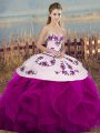 Fuchsia Ball Gowns Embroidery and Ruffles and Bowknot Quince Ball Gowns Lace Up Tulle Sleeveless Floor Length