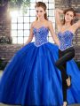 Blue Lace Up Sweet 16 Quinceanera Dress Beading Sleeveless Brush Train