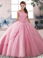 Most Popular Rose Pink Ball Gown Prom Dress Off The Shoulder Sleeveless Brush Train Lace Up