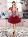 Sophisticated Sleeveless Tulle Mini Length Lace Up Prom Evening Gown in Burgundy with Beading and Ruffles