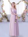 Fabulous Half Sleeves Tulle Floor Length Side Zipper Bridesmaid Dresses in Lavender with Lace and Belt