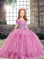 Customized Lilac Tulle Lace Up Straps Sleeveless Floor Length Child Pageant Dress Beading