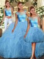 New Style Baby Blue Three Pieces Lace and Ruffles 15th Birthday Dress Backless Tulle Sleeveless Floor Length