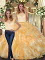 Fabulous Gold Organza Clasp Handle 15th Birthday Dress Sleeveless Floor Length Lace and Ruffles