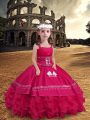 Straps Sleeveless Kids Formal Wear Floor Length Embroidery and Ruffled Layers Hot Pink Satin and Organza