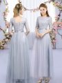 Grey Lace Up Scoop Lace and Belt Quinceanera Court Dresses Tulle Half Sleeves