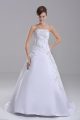 Ideal Strapless Sleeveless Taffeta Wedding Gowns Embroidery Brush Train Lace Up