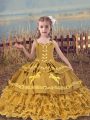 Gold Sleeveless Floor Length Beading and Embroidery and Ruffled Layers Lace Up Little Girl Pageant Gowns
