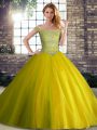 Best Yellow Green Ball Gowns Off The Shoulder Sleeveless Tulle Brush Train Lace Up Beading Quinceanera Gowns
