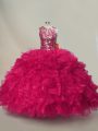Pretty Hot Pink Ball Gowns Organza Sweetheart Sleeveless Ruffles and Sequins Floor Length Lace Up Sweet 16 Dresses