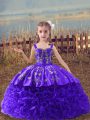 Purple Sleeveless Fabric With Rolling Flowers Sweep Train Lace Up Little Girls Pageant Dress Wholesale for Wedding Party