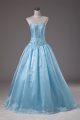 Baby Blue Ball Gowns Organza Strapless Sleeveless Beading Floor Length Lace Up Sweet 16 Dress