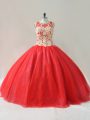 Red Scoop Neckline Beading Quince Ball Gowns Sleeveless Lace Up