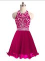 Perfect Hot Pink A-line Beading Prom Gown Lace Up Chiffon Sleeveless Mini Length