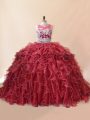 Traditional Red Zipper Sweet 16 Dresses Beading and Lace and Appliques Sleeveless Brush Train
