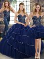 Sleeveless Beading and Ruffled Layers Lace Up Quinceanera Gown with Navy Blue Brush Train