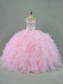 Scoop Sleeveless Tulle 15 Quinceanera Dress Beading and Ruffles Lace Up