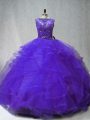 Brush Train Ball Gowns Vestidos de Quinceanera Purple Scoop Tulle Sleeveless Lace Up