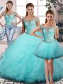 Adorable Tulle Off The Shoulder Sleeveless Lace Up Beading and Ruffles Sweet 16 Dress in Aqua Blue