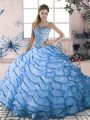 Most Popular Sleeveless Brush Train Lace Up Quinceanera Gowns in Blue with Beading and Ruffles