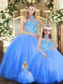 Blue Quince Ball Gowns Sweet 16 and Quinceanera with Embroidery Halter Top Sleeveless Lace Up