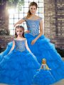 Pretty Beading and Pick Ups Quinceanera Dress Blue Lace Up Sleeveless Brush Train
