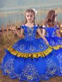 Blue Little Girls Pageant Dress Wedding Party with Beading and Embroidery Off The Shoulder Sleeveless Lace Up