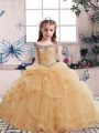 Sleeveless Tulle Floor Length Lace Up Little Girls Pageant Dress in Champagne with Beading and Ruffles