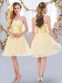 Sweetheart Sleeveless Quinceanera Dama Dress Mini Length Belt Yellow Chiffon