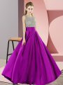 Unique Purple Elastic Woven Satin Backless Scoop Sleeveless Floor Length Evening Dress Beading