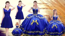 High End Royal Blue Satin Lace Up Quinceanera Gown Sleeveless Floor Length Embroidery
