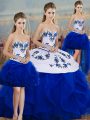 Royal Blue Lace Up Quinceanera Gowns Embroidery and Ruffles and Bowknot Sleeveless Floor Length