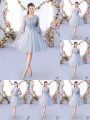 Tulle Scoop 3 4 Length Sleeve Lace Up Lace and Belt Bridesmaid Dresses in Grey