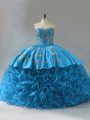 Brush Train Ball Gowns Quince Ball Gowns Blue Sweetheart Fabric With Rolling Flowers Sleeveless Lace Up