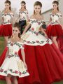 Flare Off The Shoulder Sleeveless Organza Ball Gown Prom Dress Embroidery Lace Up