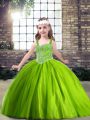 Floor Length Green Little Girl Pageant Gowns Tulle Sleeveless Beading