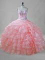 Pink Halter Top Lace Up Beading and Ruffled Layers Sweet 16 Quinceanera Dress Sleeveless