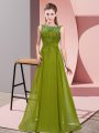 Olive Green Empire Scoop Sleeveless Chiffon Floor Length Zipper Beading and Appliques Quinceanera Dama Dress