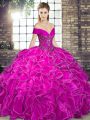 Dazzling Ball Gowns 15 Quinceanera Dress Fuchsia Off The Shoulder Organza Sleeveless Floor Length Lace Up