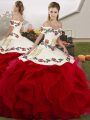 Superior Floor Length Lace Up Quinceanera Dress White And Red for Military Ball and Sweet 16 and Quinceanera with Embroidery and Ruffles
