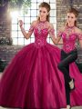 Artistic Fuchsia Tulle Lace Up Halter Top Sleeveless 15 Quinceanera Dress Brush Train Beading