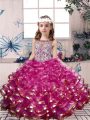 Fuchsia Lace Up Pageant Dresses Beading and Ruffles Sleeveless Floor Length