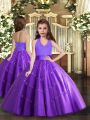 Purple Sleeveless Floor Length Beading Lace Up Little Girls Pageant Dress