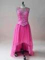 Hot Pink Tulle Scoop Sleeveless High Low Celebrity Prom Dress Beading