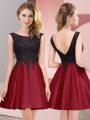Glittering Scoop Sleeveless Dama Dress Mini Length Lace Wine Red Satin