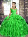 Custom Made Green Lace Up Quince Ball Gowns Beading and Ruffles Sleeveless Brush Train