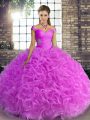 Flare Off The Shoulder Sleeveless Lace Up Sweet 16 Quinceanera Dress Lilac Fabric With Rolling Flowers