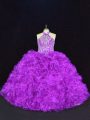 Inexpensive Purple Halter Top Lace Up Beading and Ruffles 15th Birthday Dress Sleeveless