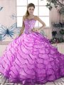 Sumptuous Lilac Ball Gowns Sweetheart Sleeveless Organza Brush Train Lace Up Beading and Ruffles Quince Ball Gowns
